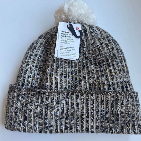 NWT Lululemon Textured Fleece Lined Knit Beanie Wool Cashmere Brown White OS - Picture 1 of 7